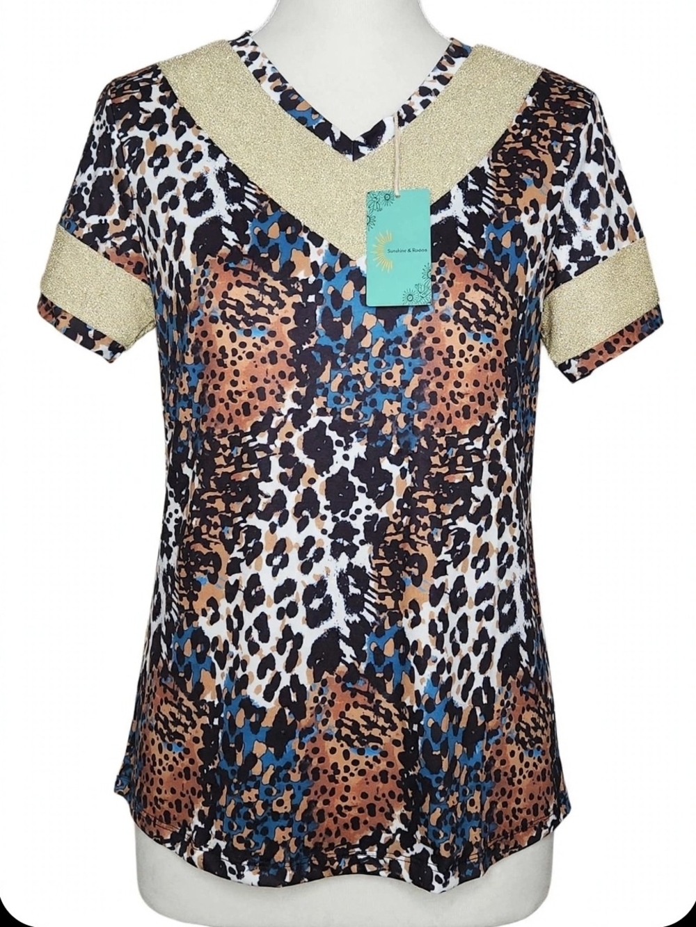 NWT S Sunshine and Rodeos Top - Leopard Animal Print Gold Glitter V-Neck